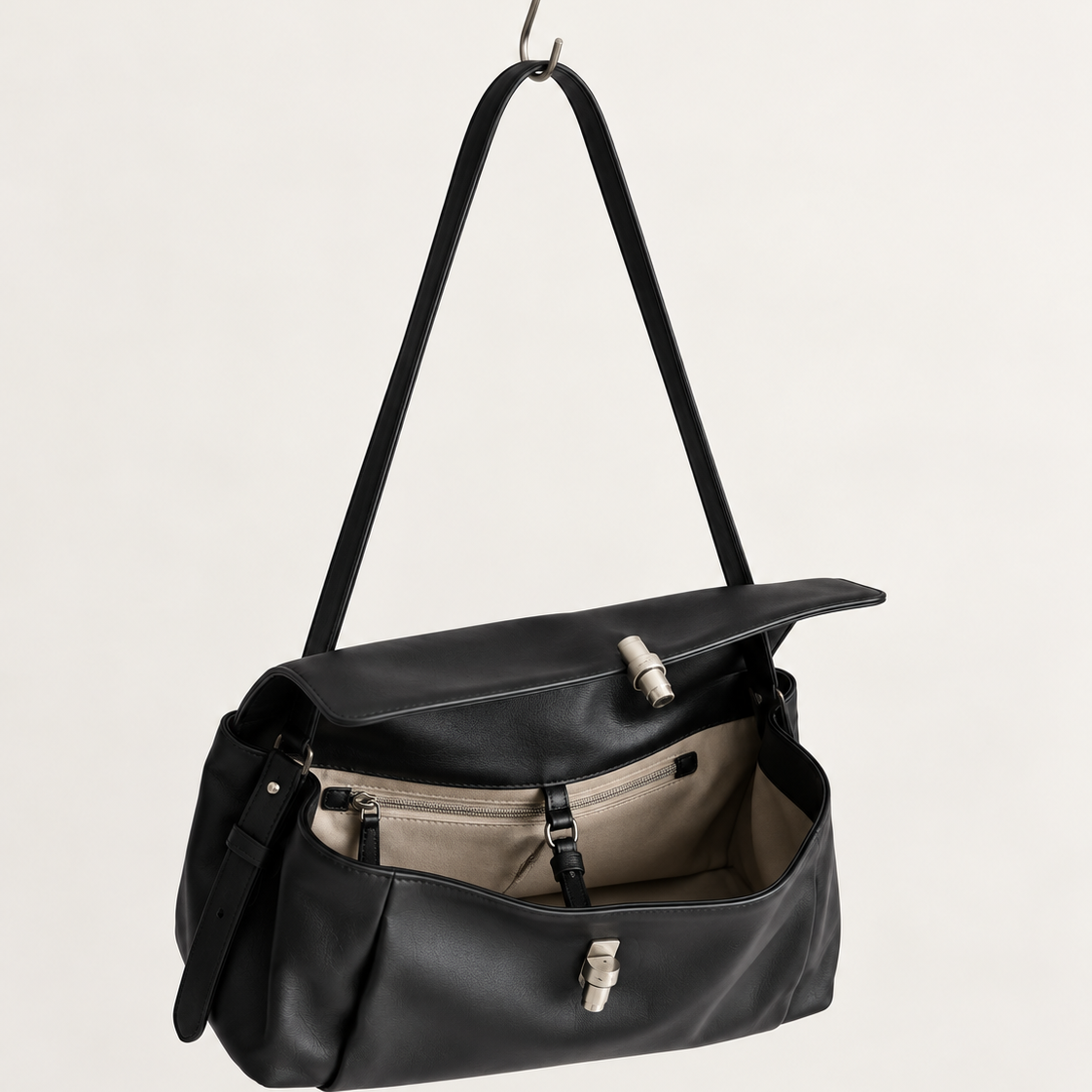 Elsa Pleated Shoulder Bag in Black, open interior view