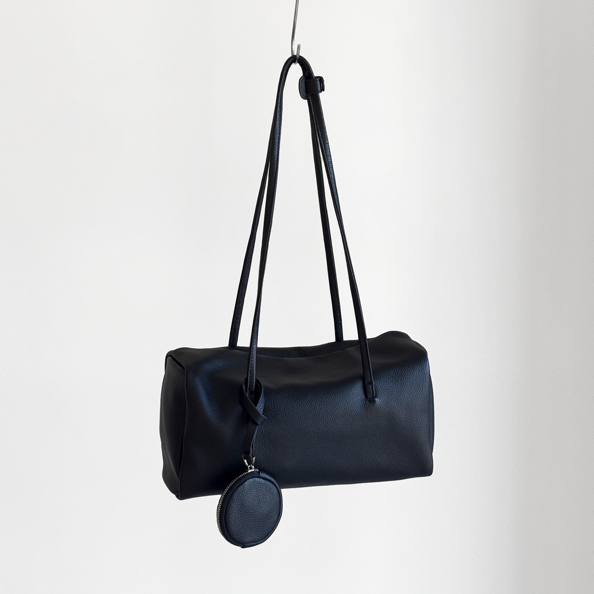 Esme Smooth Shoulder Bag in Black smooth cowhide, full shoulder straps and matching coin pouch