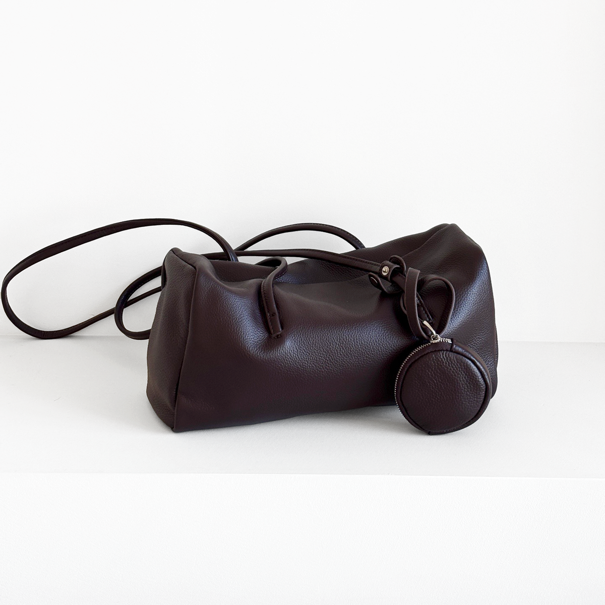Esme Smooth Shoulder Bag in Dark Brown smooth cowhide, angled view