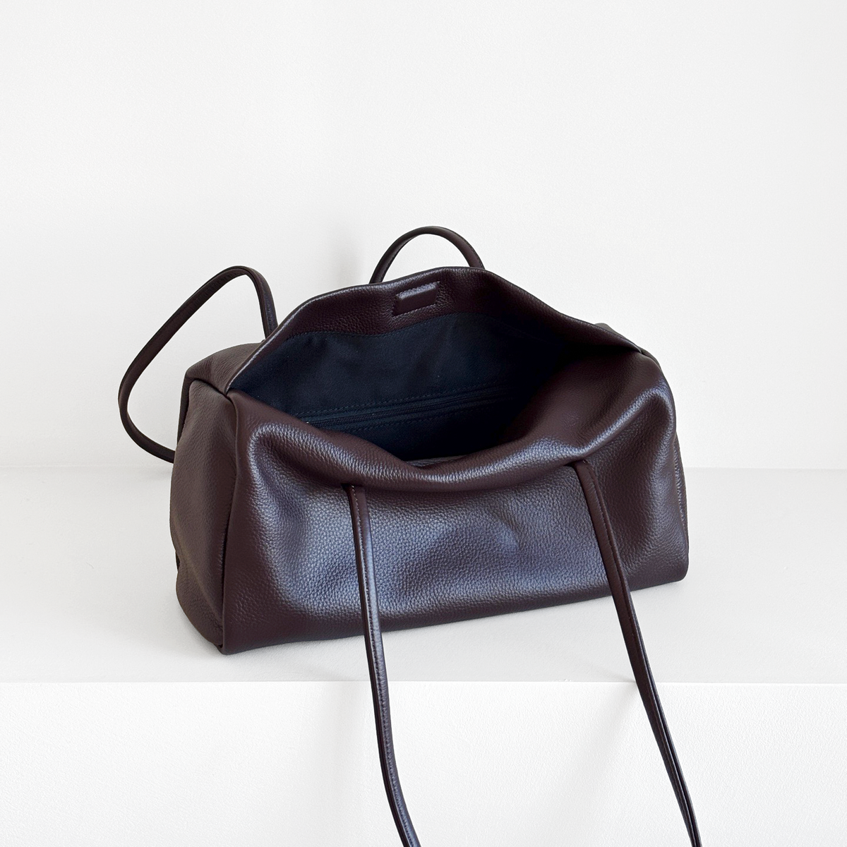 Esme Smooth Shoulder Bag in Dark Brown smooth cowhide, open interior view