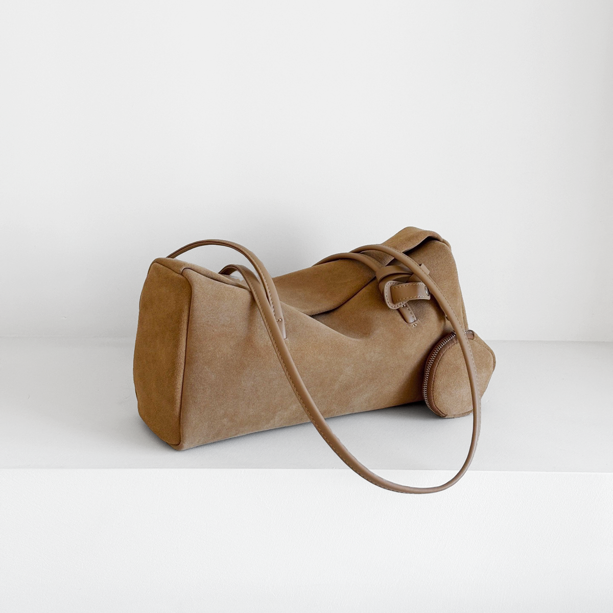 Esme Matte Shoulder Bag in Camel matte cowhide, angled view