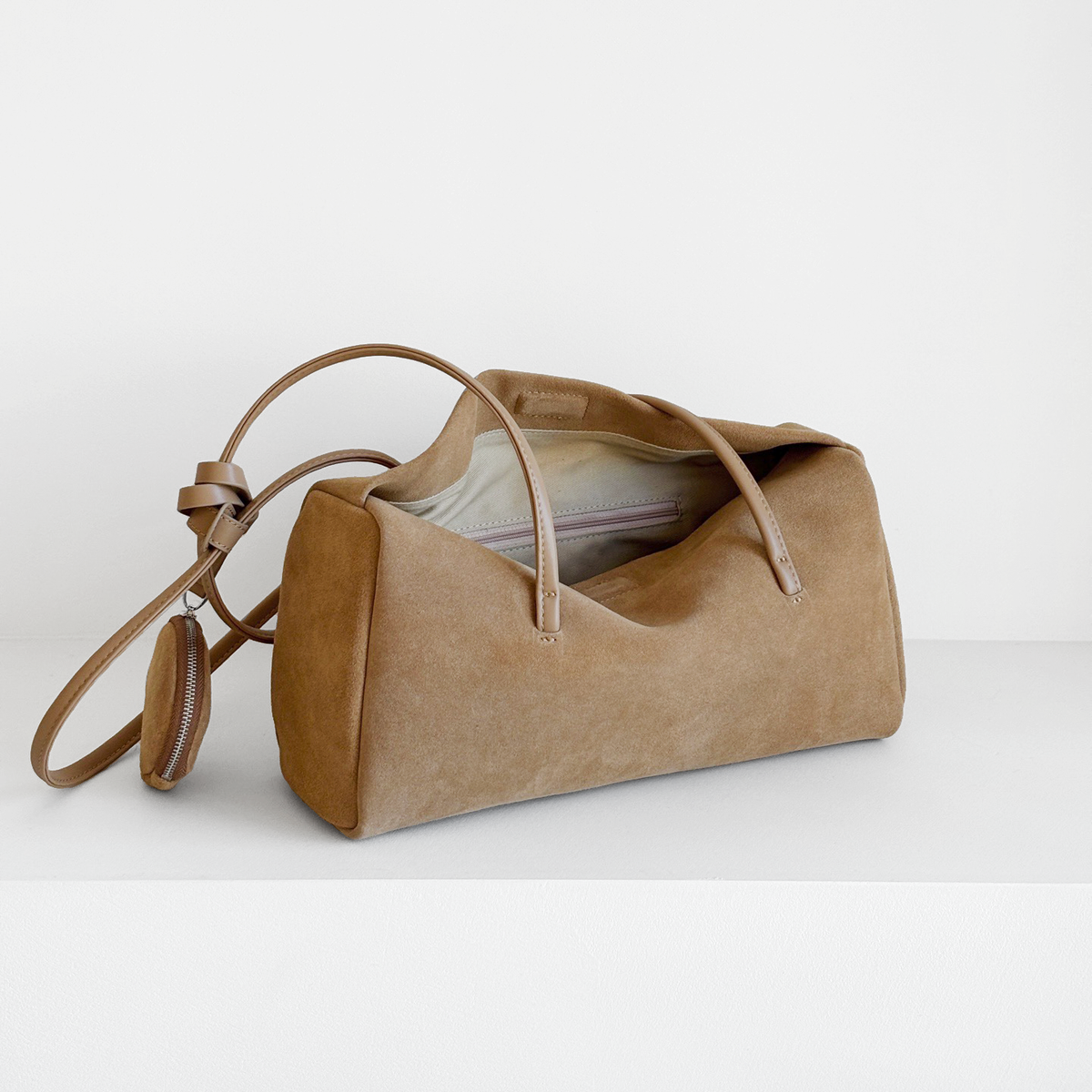 Esme Matte Shoulder Bag in Camel matte cowhide, open interior view