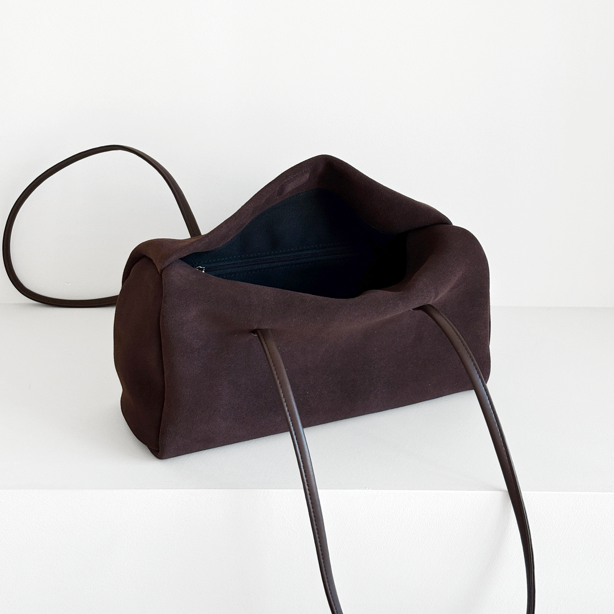 Esme Matte Shoulder Bag in Deep Plum matte cowhide, open interior view