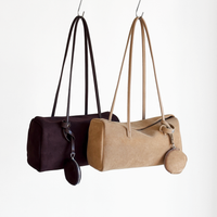 Esme Matte Shoulder Bag in Camel and Deep Plum matte cowhide, hanging overview