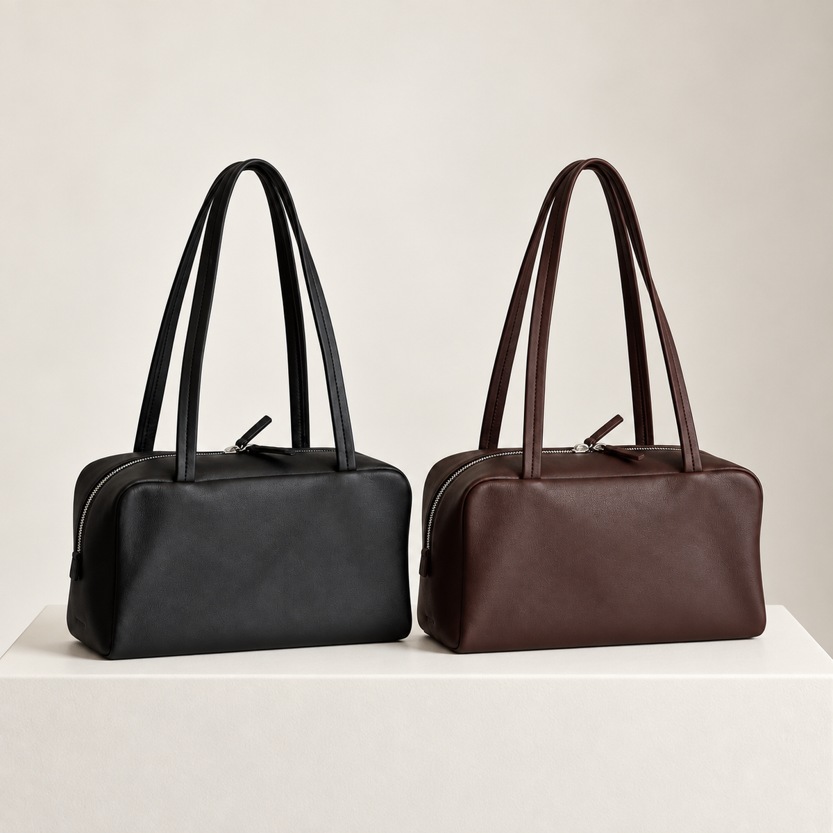 Nina Mini Bowling Bag in Black and Dark Brown, side by side