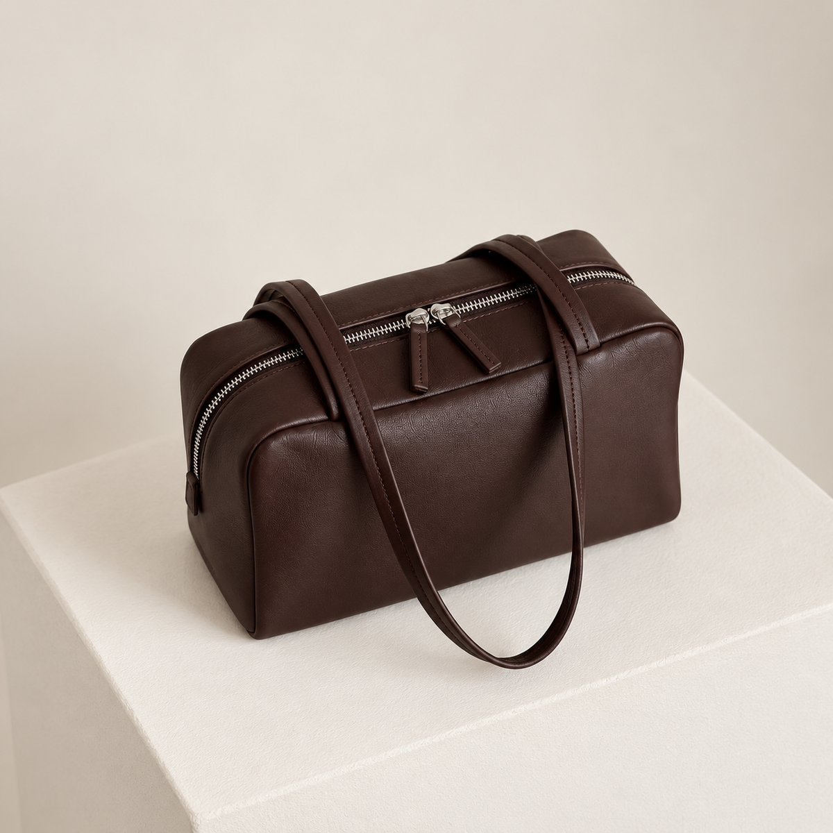 Nina Mini Bowling Bag in Dark Brown, three-quarter view