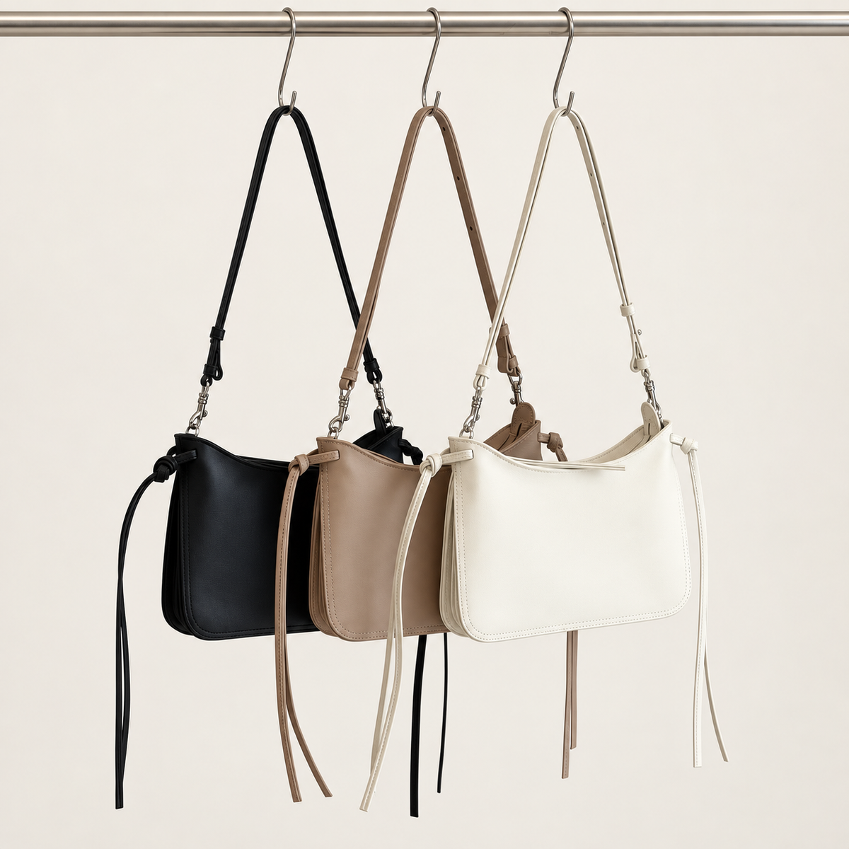 Noa Curve Shoulder Bag in Black, Taupe and Ivory, three colorways