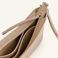 Noa Curve Shoulder Bag in Taupe, interior compartments and zipper detail