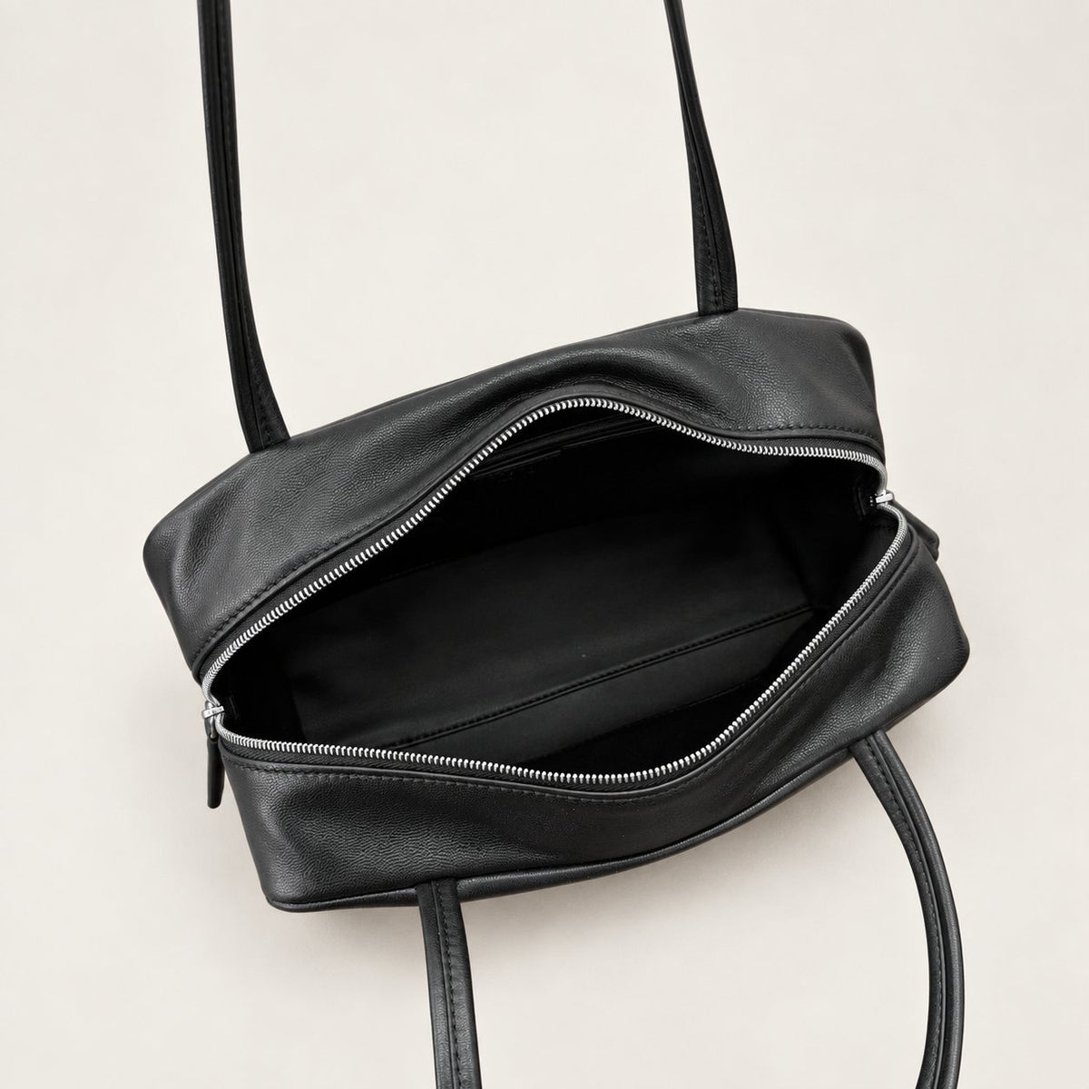 Nina Mini Bowling Bag in Black, open interior detail