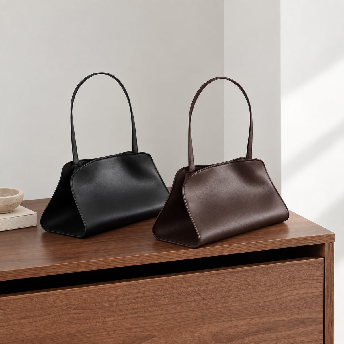 Odette Sculptural Shoulder Bag in Black and Dark Brown, two colorways