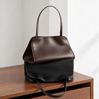 Odette Sculptural Shoulder Bag in Dark Brown and Black, stacked styling view